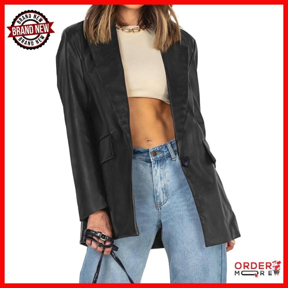 Oversized Faux Leather Blazer Shacket with Pockets Women's Coat